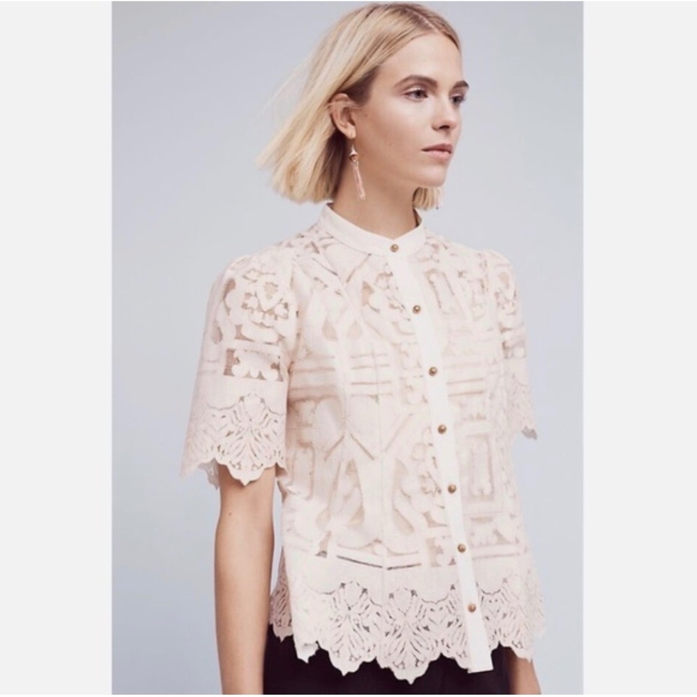 NWT Floreat Anthropologie Metallic Gold Lace Button Down Blouse White Size 12
